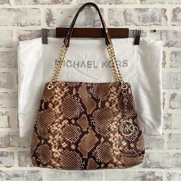 Michael Kors • Python Embosed Jet Set Chain Large Tote • Beige Brown Snakeskin - Picture 2 of 16